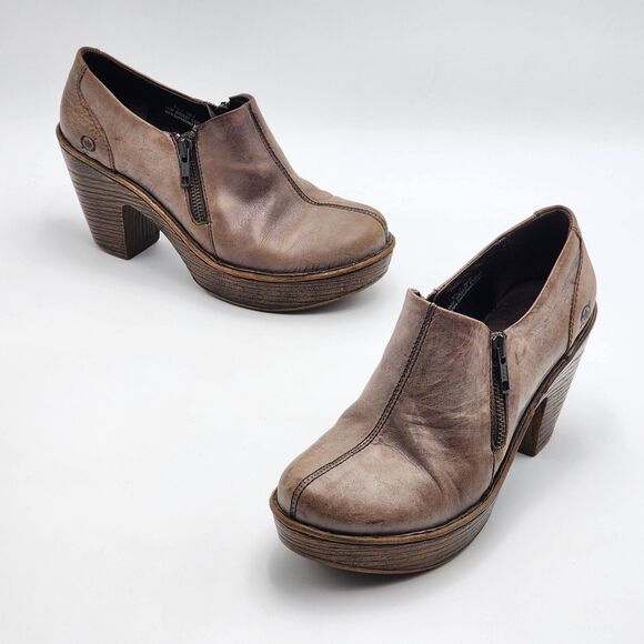 Born Famke Taupe Leather Heeled Clog Booties Size 7.5 - Picture 1 of 11